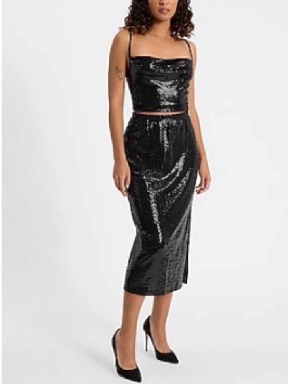 Express High Waisted Dot Sequin Midi Skirt - Pitch Black